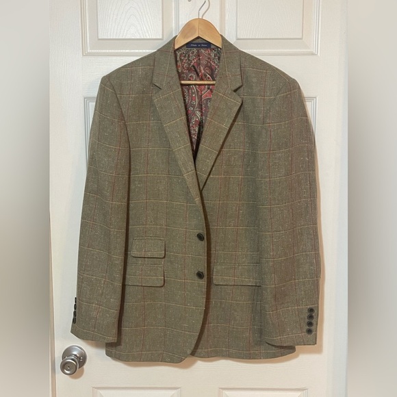 Alan Flusser Men's 40R Polyester Paisley Lined Tan  Plaid Shell Sportcoat - Picture 1 of 5